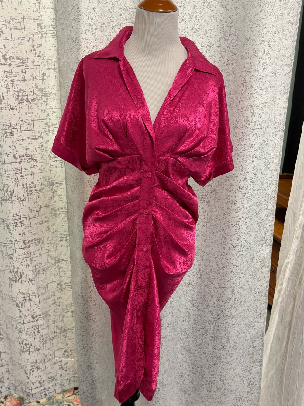 Gathered Button-Front Midi Dress in Fuchsia